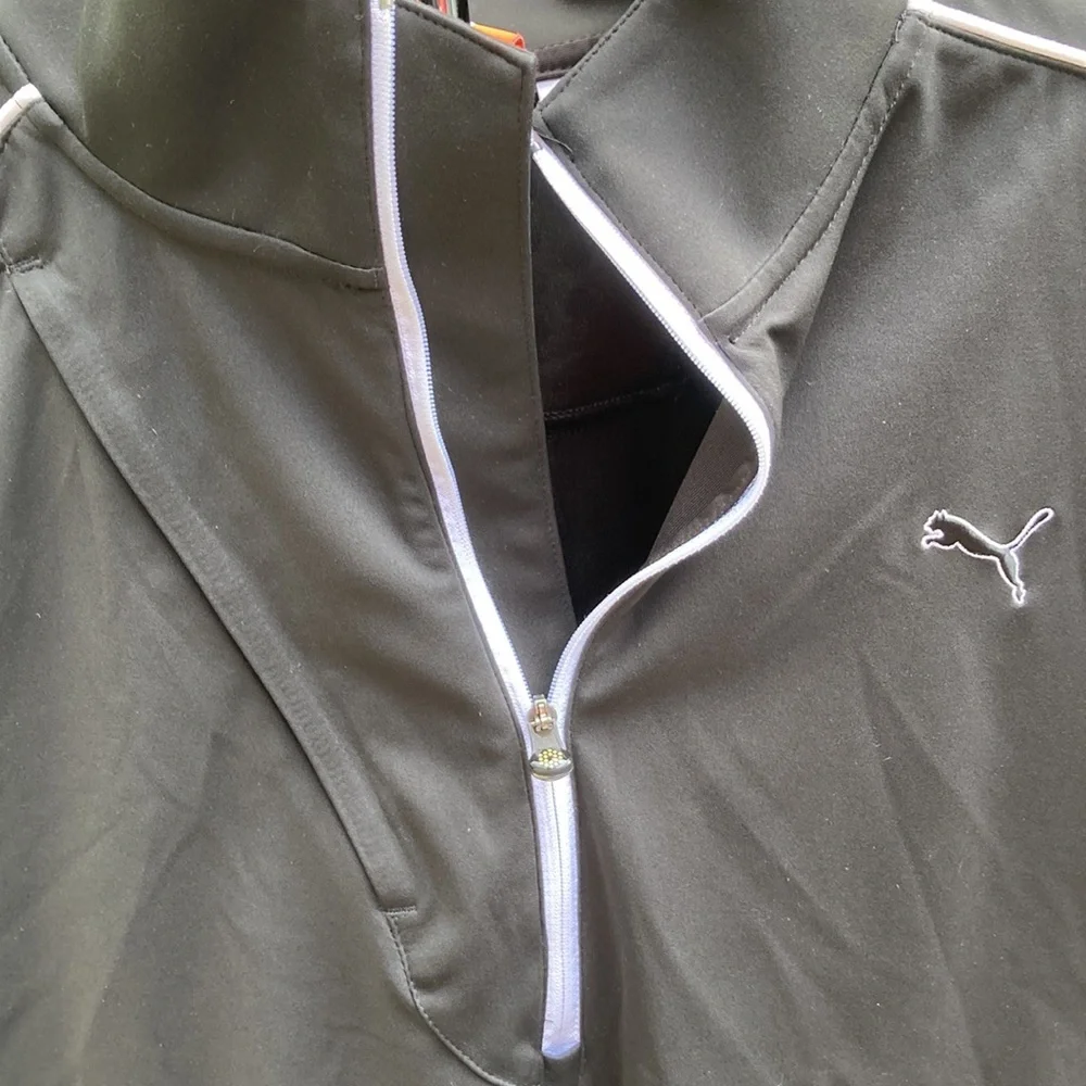 PUMA Golf 1/2 zip Black Shirt white stripe design front pocket Wing Cell sports - Picture 4 of 12